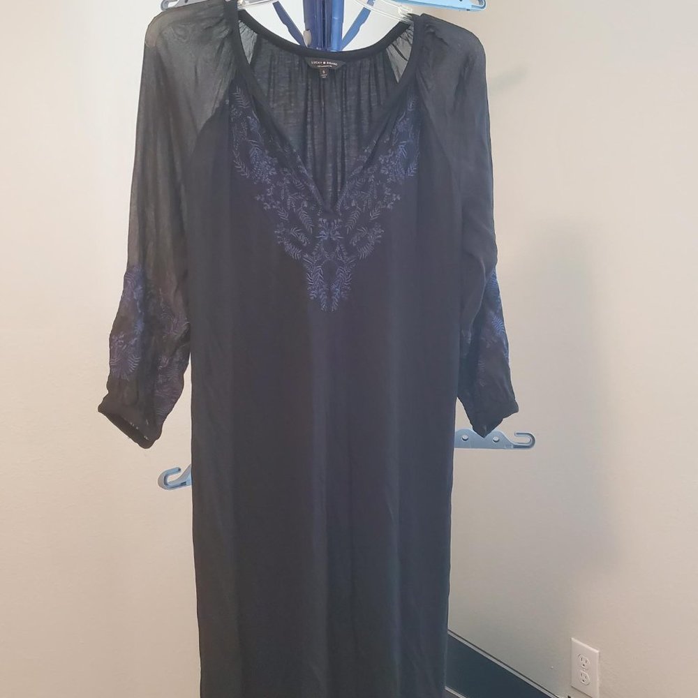 #456 Lucky Black Dress w/Blue Embroidery Size Small